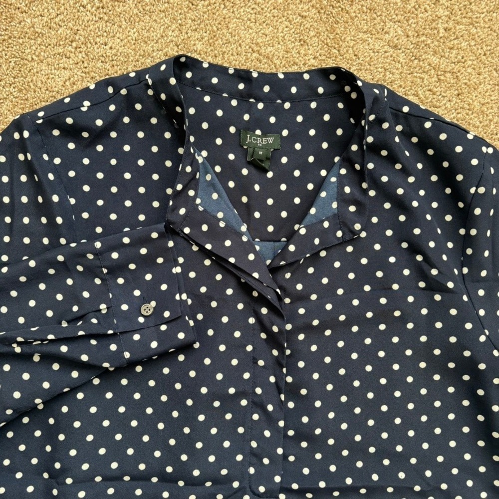 J.Crew Womens Blouse Size M‎ Navy Blue White Polka Dot Band Collar Long Sleeve